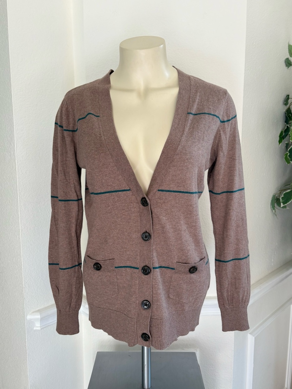 L.L Bean Brown Stripe Button-Front Cardigan Sweater